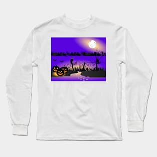 Halloween background with pumpkins, Graves, full moon, and bats stock illustration Long Sleeve T-Shirt